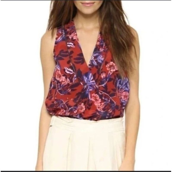Rebecca Taylor Floral Silk Tank Satin Blouse Top Burnt Red Multi Sz 2 - Picture 1 of 8